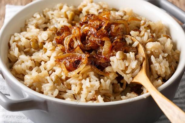 素食者食物:稻和小扁豆和含焦糖的洋葱宏指令.