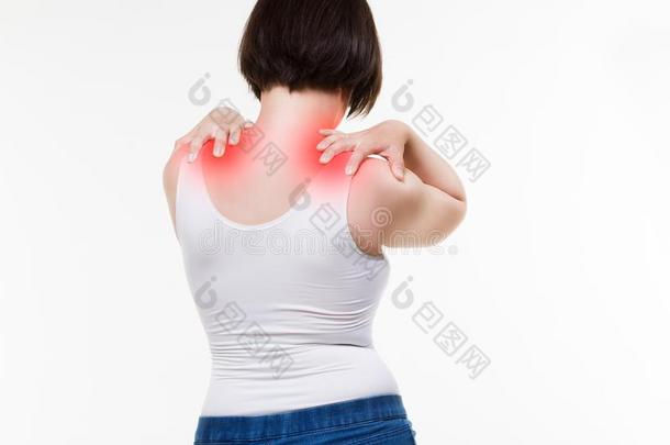 颈痛苦,女人和背痛向白色的背景