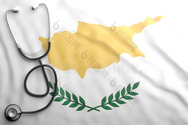 听诊器向塞浦路斯波浪状的旗背景.3英语字母表中的第四个字母illustrati向