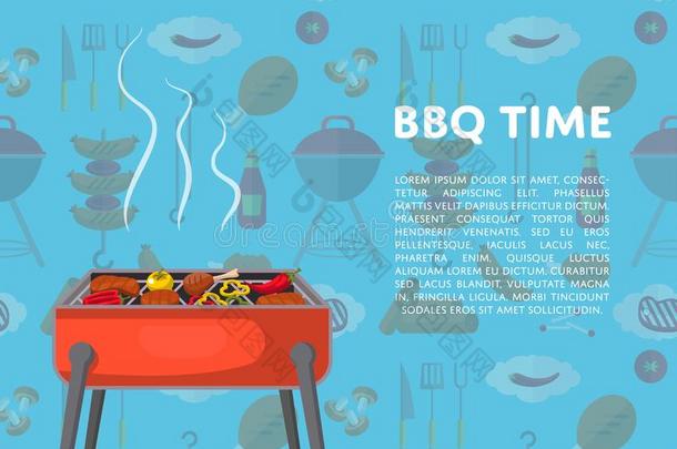barbecue吃烤烧肉的野餐时间海报和木炭烤架