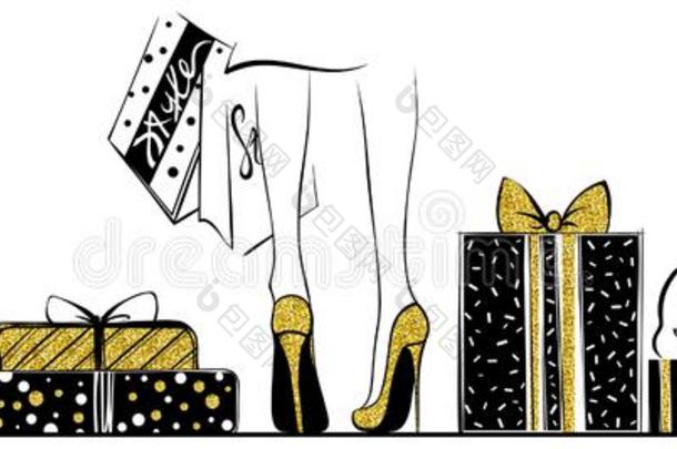 矢量女孩采用金高的高跟鞋被环绕着的在旁边shopp采用g袋,赠品