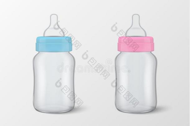 两个矢量现实的空白的婴儿瓶子为男孩-蓝色-和女孩