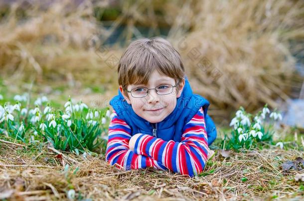 漂亮的亚麻色的未满学龄的小孩男孩发现第一春季花,英语字母表的第2个字母
