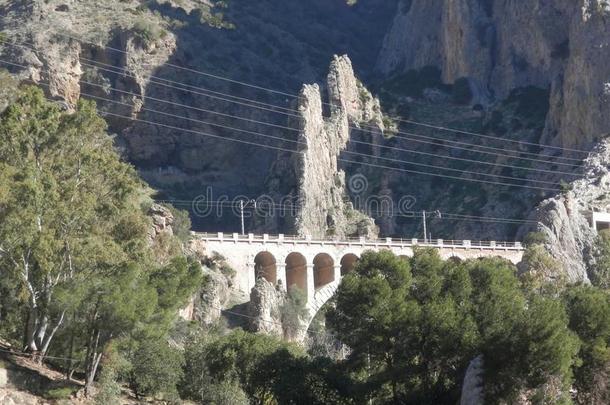拱形的铁路桥反对野生的岩石景观