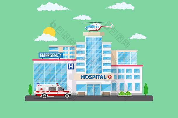 诊所建筑物和救护车直升机和汽车