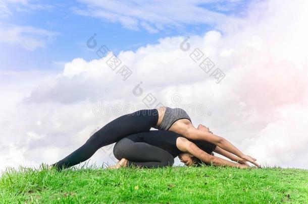 女人孪生儿之一开业的瑜伽轻松采用自然和蓝色天后座议员