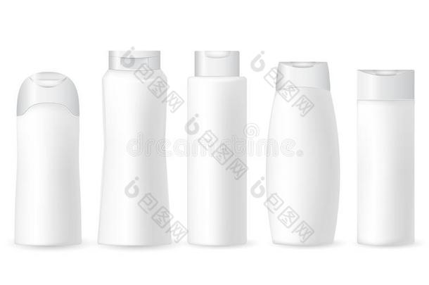 收集关于现实的白色的化妆品塑料制品瓶子向一极少的量