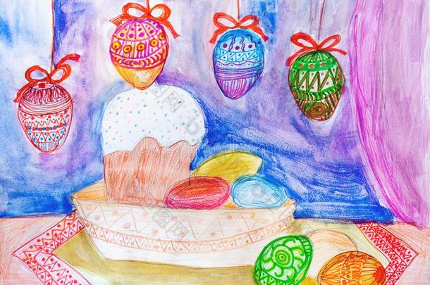 孩子们绘画.复活节蛋糕和复活节卵向蓝色背景
