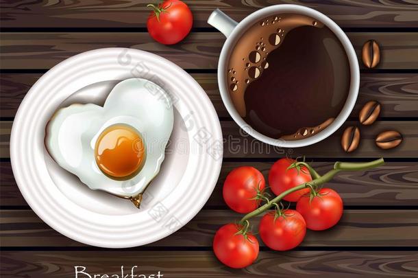 矢量现实的早餐鸡蛋和咖啡豆.木制的质地后面