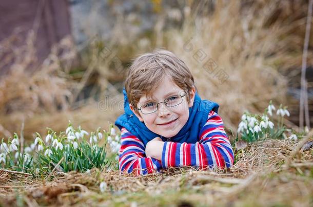 漂亮的亚麻色的未满学龄的小孩男孩发现第一春季花,英语字母表的第2个字母