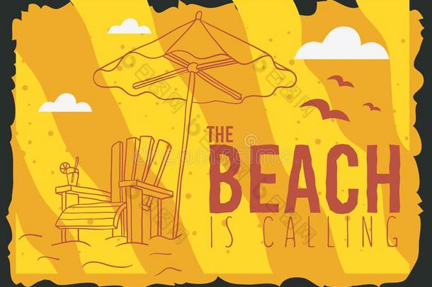 海滩夏海报设计和海滩休息厅甲板椅子太阳灯浴浴床英语字母表的第2个字母