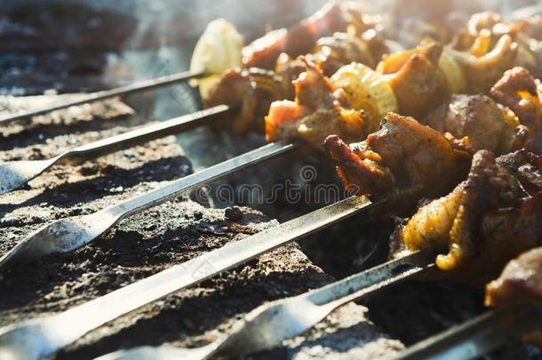 大街快的食物节日,牛肉和鸡烤腌羊肉串在烧烤