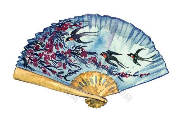 传统的亚洲人扇子和樱桃花和飞行的燕子向