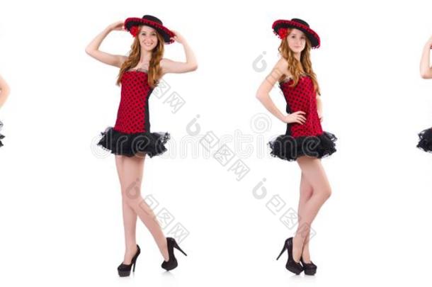 年幼的红发的人女孩采用波尔卡舞点衣服和宽边帽隔离的向