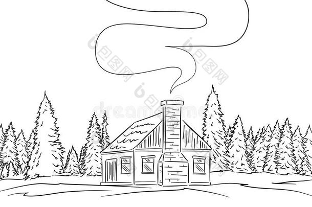 手疲惫的风景和房屋和松树森林.草图线条design设计
