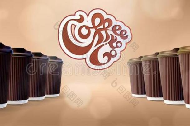 咖啡豆向走使泛起涟漪杯子和标识.焦外成像卡普契诺咖啡背景