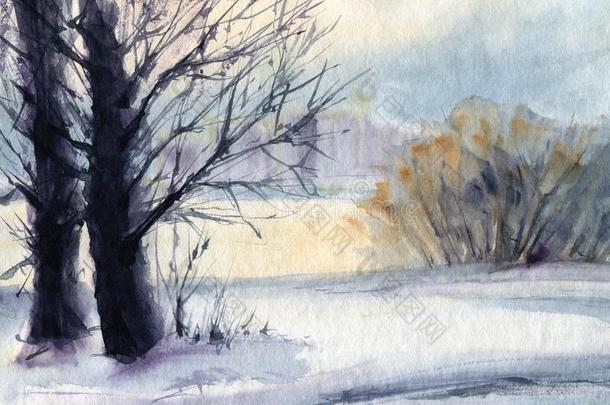 冬风景和树.水彩草图.