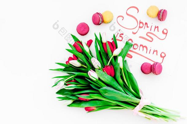 春季是（be的三单形式即将到来的手字体被环绕着的在旁边红色的郁金香和Sweden瑞典