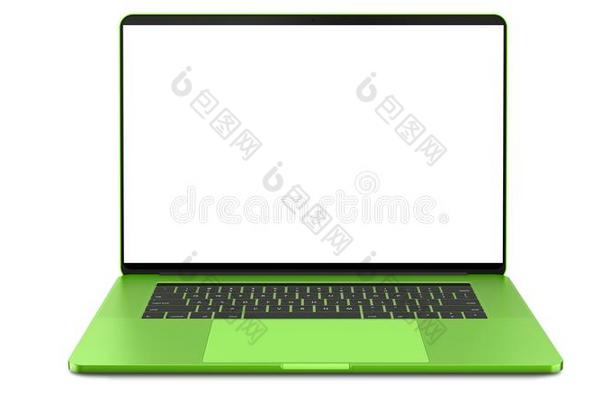 绿色的便携式电脑和空白的屏幕隔离的向白色的背景.谁