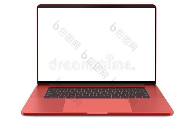 红色的便携式电脑和空白的屏幕隔离的向白色的背景.全部的