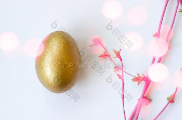 金色的鸡蛋向白色的背景和粉红色的树枝和芽,emergencyalertsystem紧急警报系统