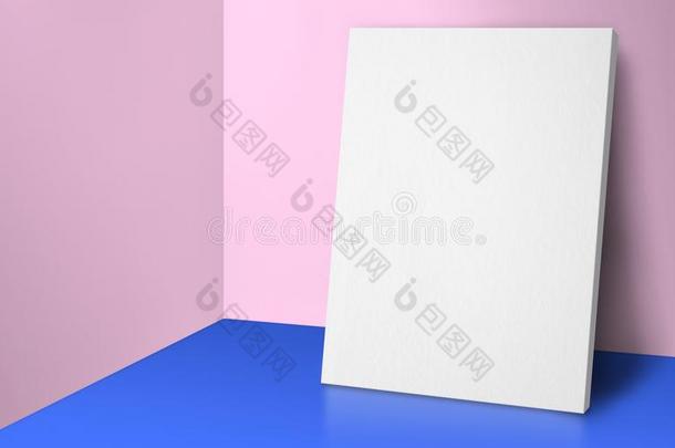 空白的海报在角落彩色粉笔粉红色的和蓝色工作室房间和walnut胡桃