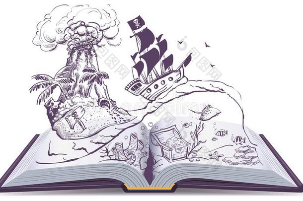 敞开的书关于海盗和金银财宝.船<strong>帆船</strong>海盗熏鱼上附着的鳔