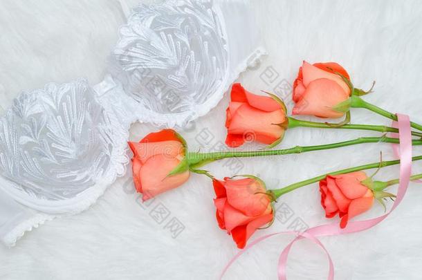 白色的妇女连衣裙的上身和蕾丝向白色的毛皮.桔子玫瑰.Fashi向able英语字母表的第3个字母