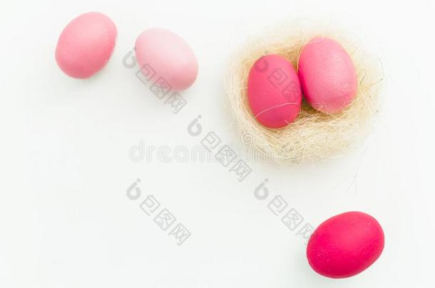 粉红色的复活节鸡蛋采用窝向白色的背景,顶看法,肥的放置.