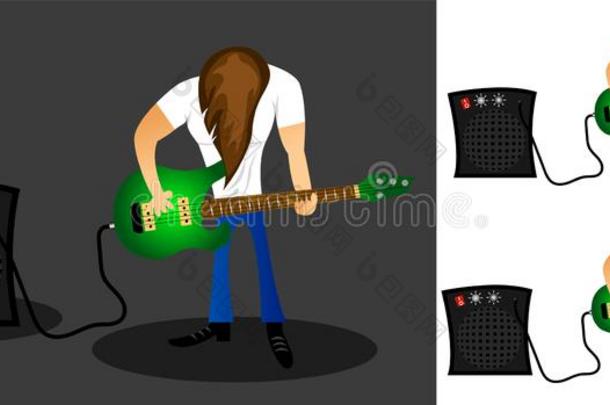 岩石吉他弹奏者和长的头发和扩音器演奏吉他