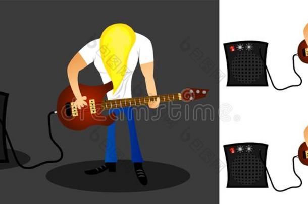 岩石吉他弹奏者和长的头发和扩音器演奏吉他