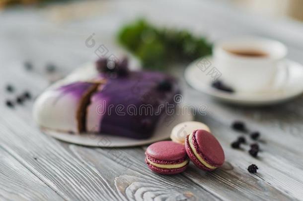 传统的紫色的浆果蛋糕和马卡龙<strong>杂音</strong>餐后甜食和一