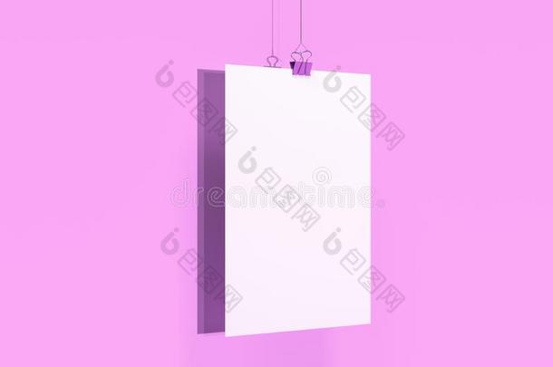 空白的白色的海报和包扎物夹子假雷达向紫罗兰背景