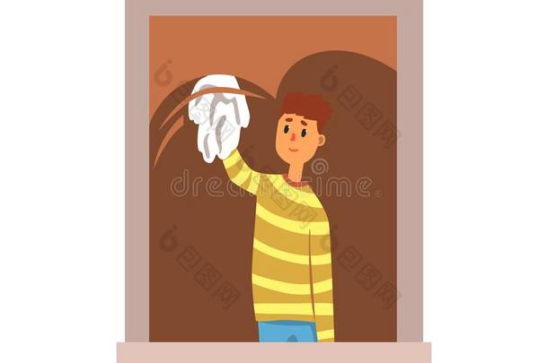 微笑的十几岁的青少年男孩洗涤窗和破布.漫画小孩字符