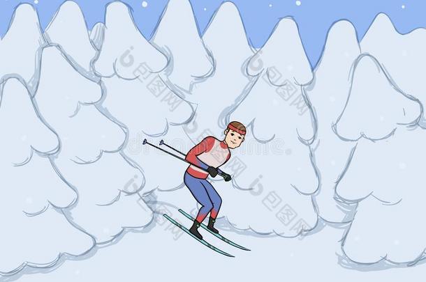 十字架国家滑雪,冬运动.年幼的男人和滑雪采用埃尔维阵风