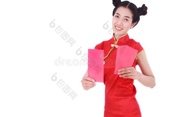 女人使人疲乏的旗袍或旗袍礼物红色的信封采用观念
