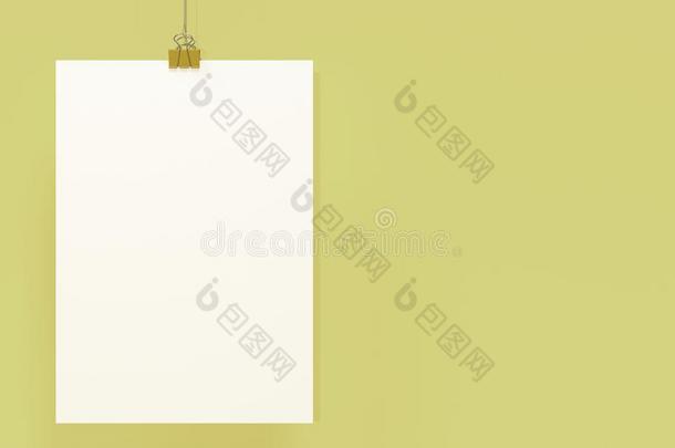 空白的白色的海报和包扎物夹子假雷达向黄色的背景