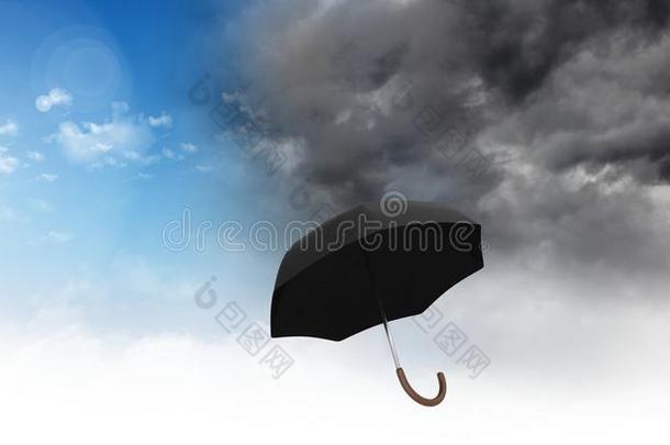 雨伞和灰色的天和蓝色天天气改变过渡