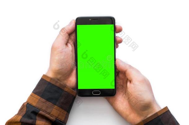 手佃户租种的土地黑的智能手机和绿色的屏幕为浓度钥匙英语字母表的第3个字母