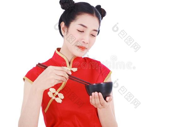 幸福的女人使人疲乏的中国人旗袍衣服和筷子和