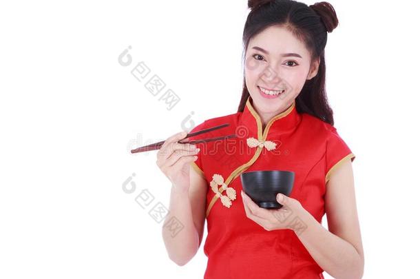 女人使人疲乏<strong>的</strong>中国人<strong>旗袍</strong>衣服和筷子和碗我