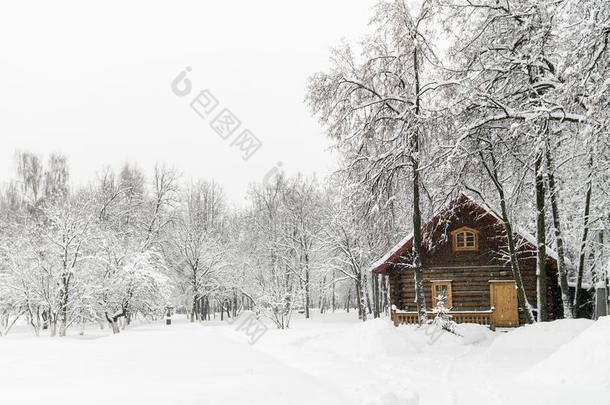 木制的房屋.冬风景.俄罗斯帝国,多边形Drozhzhino.