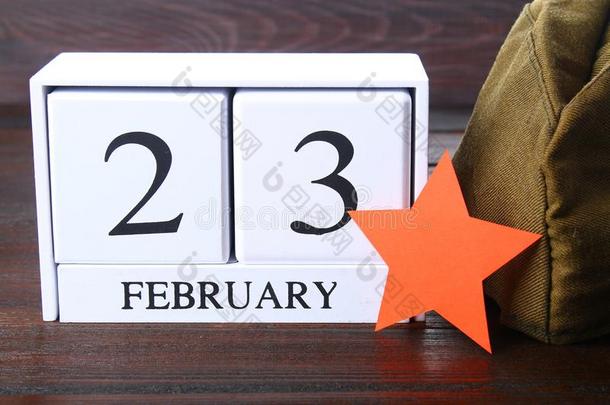 白色的木制的永久的日历和指已提到的人日期关于二月<strong>23</strong>向