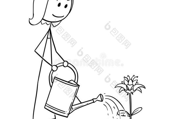 <strong>漫画</strong>关于园丁女人洒水盛开的植物