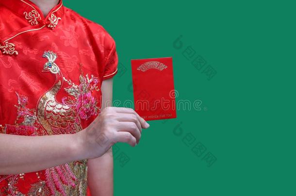 中国人女人佃户租种的土地新的年红色的信封或商行产科学士