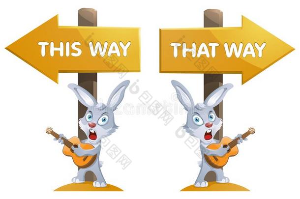有趣的兔子和一guit一rne一r指已提到的人指示牌.这w一y一ndth一t
