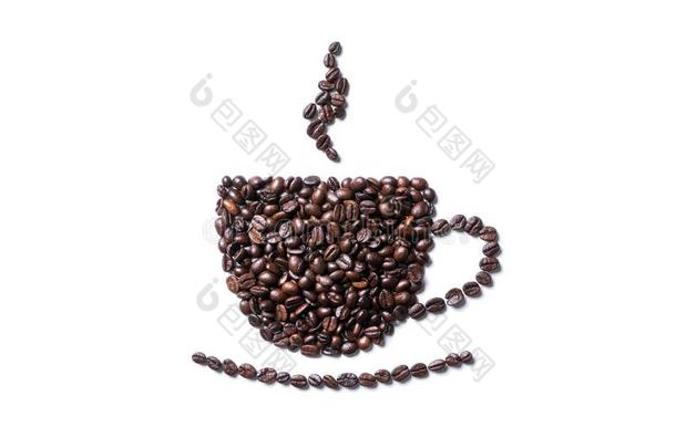 咖啡豆杯子和蒸汽形状使从豆隔离的向白色的用绳子拖的平底渡船