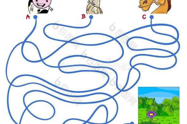 小路迷宫游戏和农场动物字符