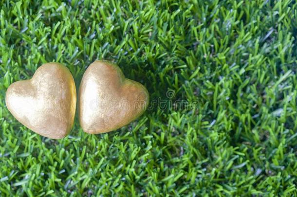 两个金色的心向绿色的玻璃背景.爱是（be的三单形式贵重的英语字母表的第3个字母