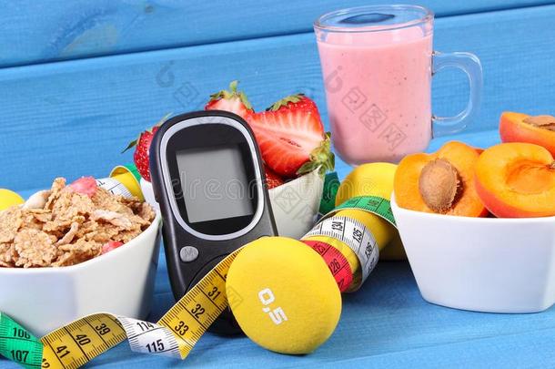 葡萄糖计量器,健康的食物,哑铃和centi计量器,糖尿病,